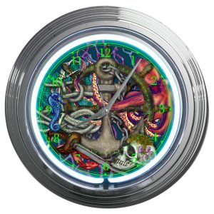 custom Navy Chief Neon Clock, Nautical themed with barnacles and sea life around fouled anchor.