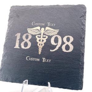 Custom Slate Coasters, Text above and bottom, center logo, and Year.