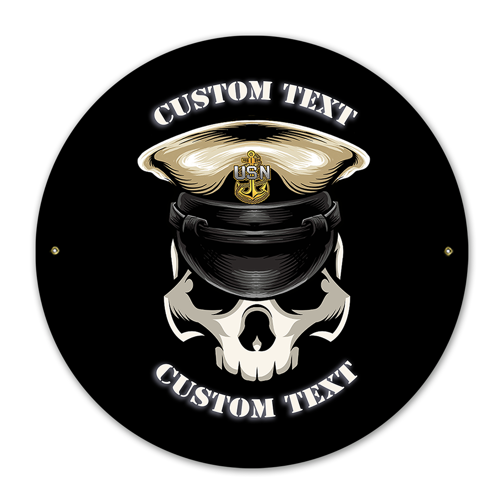 Custom Text Round Metal Sign Navy Chief Skull